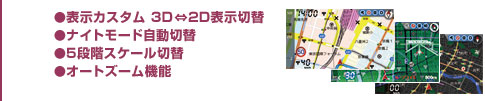 表示カスタム 3D&hArr;2D 表示切替 ナイトモード自動切替 5段階スケール切替 オートズーム機能