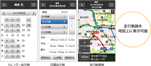 2項目まで地図と同時表示可能 主な表示項目 距離|速度(現在、平均、最高)|タイム|ラップタイム|高度|気圧|方位|勾配|消費カロリー|心拍数*|ケイデンス*|ほか多数 *別売りオプション対応