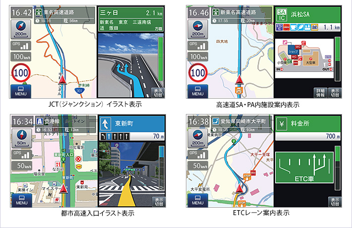 JCT(ジャンクション)イラスト表示/高速道SA・PA内施設案内表示/都市高速入口表示(3Dイラスト表示)/ETCレーン案内表示