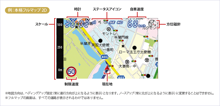 イメージ:例:本格フルマップ2D 説明 ※地図方向は、ヘディングアップ固定(常に進行方向が上になるように表示)となります。ノースアップ(常に北が上になるように表示)に変更することはできません。※フルマップの画面は、すべての道路が表示されるわけではありません。