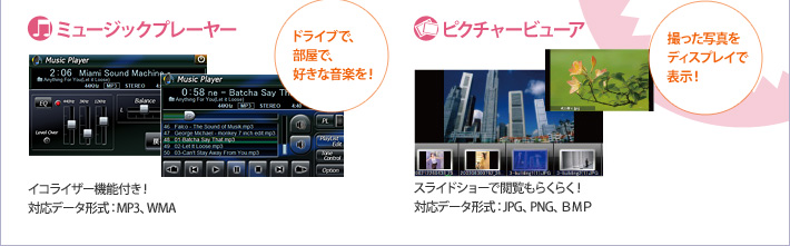 イメージ ミュージックプレーヤー:ドライブで、部屋で、好きな音楽を!・ピクチャービューア:撮った写真をディスプレイで表示!