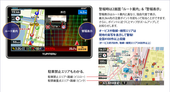 警報時は2画面「ルート案内」&「警報表示」 警報表示はルート案内と異なり、独自尺度で表示。最大2km先の注意ポイントを前もって知ることができます。さらに、ポイントに近づくとマップがズームアップしてお知らせします。 駐車禁止エリアもわかる。