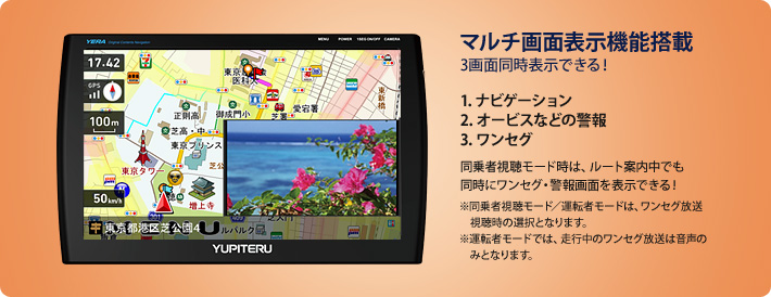 マルチ画面表示機能搭載 3画面同時表示できる! 1. ナビゲーション 2. オービスなどの警報 3. ワンセグ 同乗者視聴モード時は、ルート案内中でも同時にワンセグ・警報画面を表示できる! ※同乗者視聴モード/運転者モードは、ワンセグ放送視聴時の選択となります。※運転者モードでは、走行中のワンセグ放送は音声のみとなります。