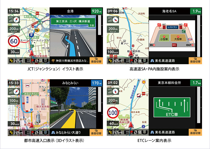 JCT(ジャンクション)イラスト表示/高速道SA・PA内施設案内表示/都市高速入口表示(3Dイラスト表示)/ETCレーン案内表示