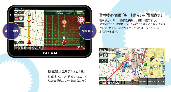 警報時は2画面「ルート案内」&「警報表示」 警報表示はルート案内と異なり、独自尺度で表示。最大2km先の注意ポイントを前もって知ることができます。さらに、ポイントに近づくとマップがズームアップしてお知らせします。 駐車禁止エリアもわかる。