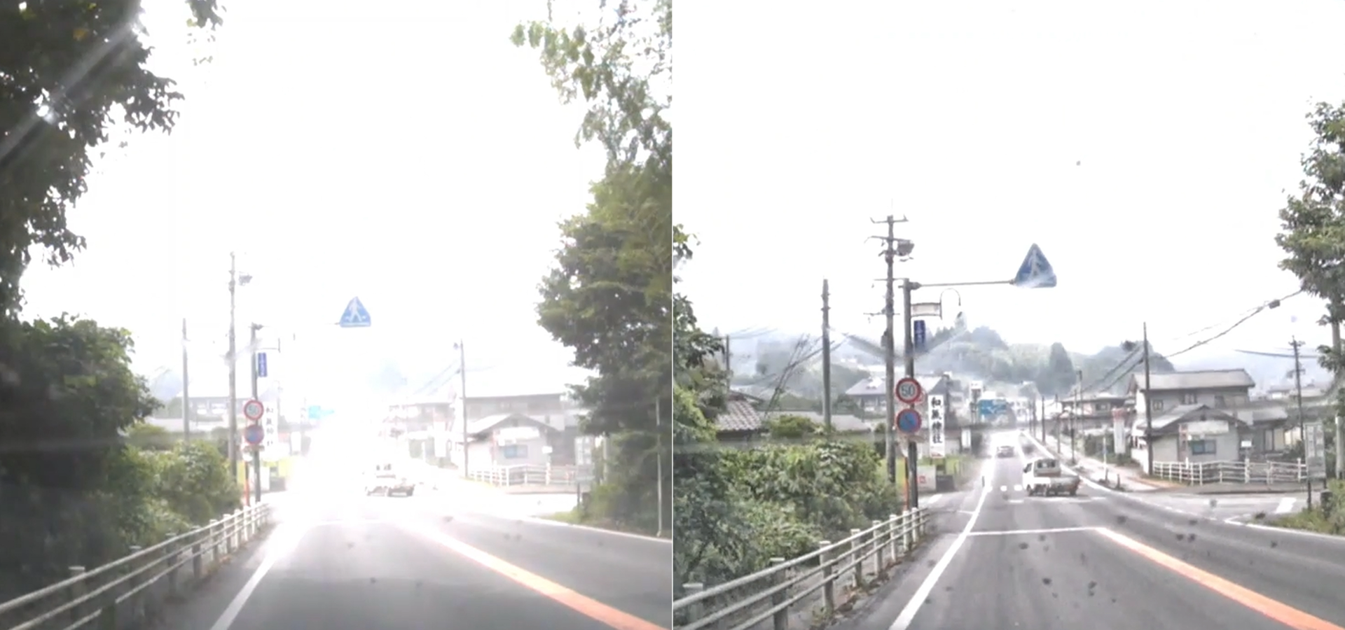 森林の暗部における映像比較。左が一般的なカメラで撮影した映像、右がプロトタイプでより視える化した映像